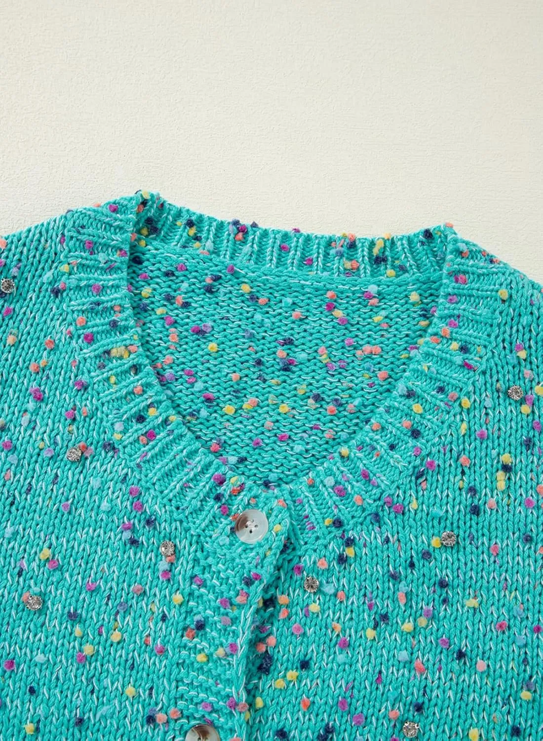 SELINK Women's Cardigan Sweater Elegant Rhinestone Decor Multicolor Confetti Sweater Cardigan Solid Long Sleeve Outwear