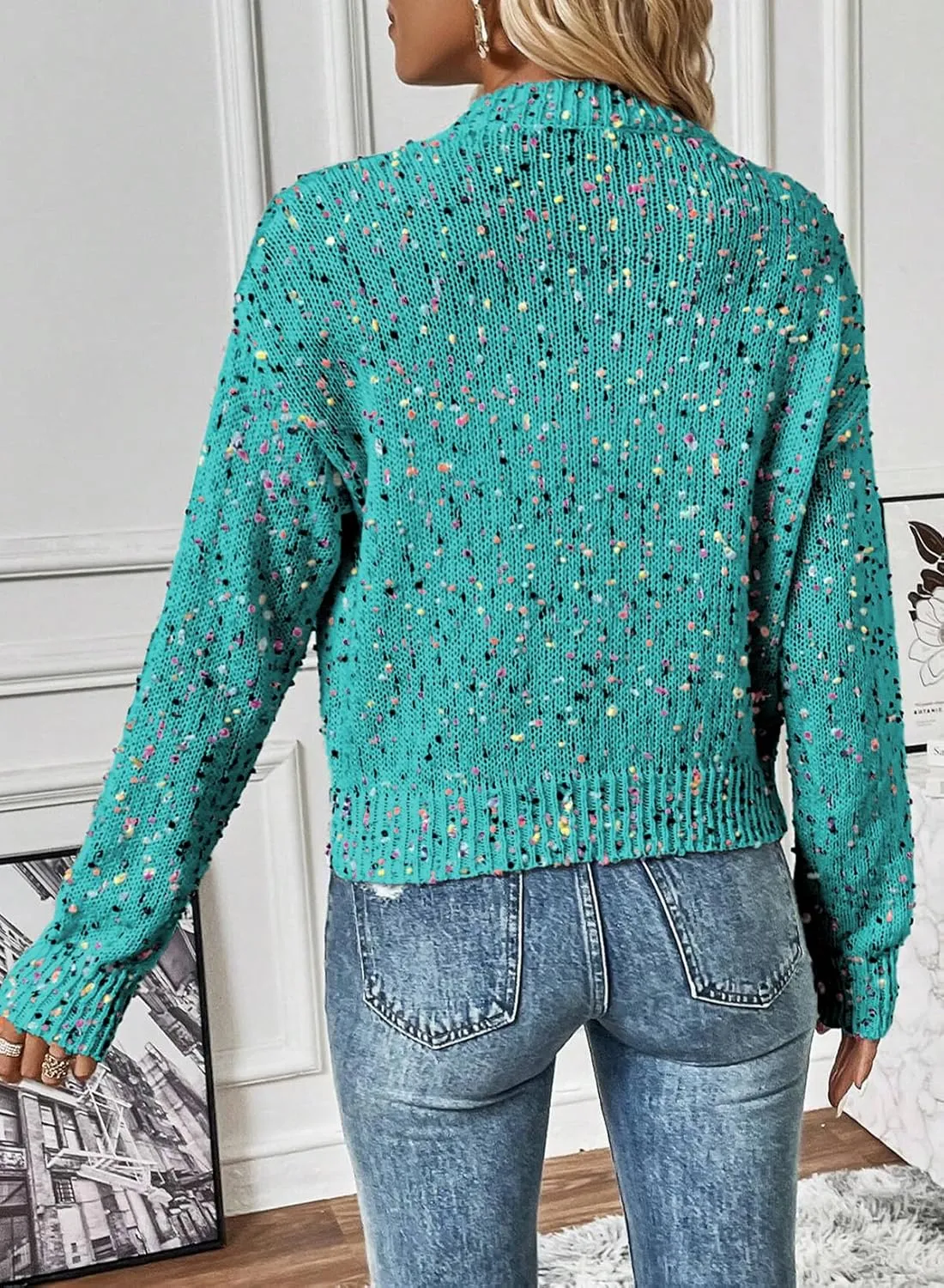 SELINK Women's Cardigan Sweater Elegant Rhinestone Decor Multicolor Confetti Sweater Cardigan Solid Long Sleeve Outwear
