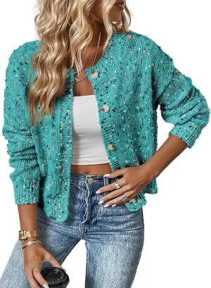 SELINK Women's Cardigan Sweater Elegant Rhinestone Decor Multicolor Confetti Sweater Cardigan Solid Long Sleeve Outwear