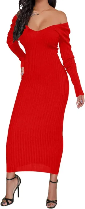 SheKiss Womens Off Shoulder Plus Size Work Business Sweater Dresses Long Sleeves Bodycon Cardigans Outfits
