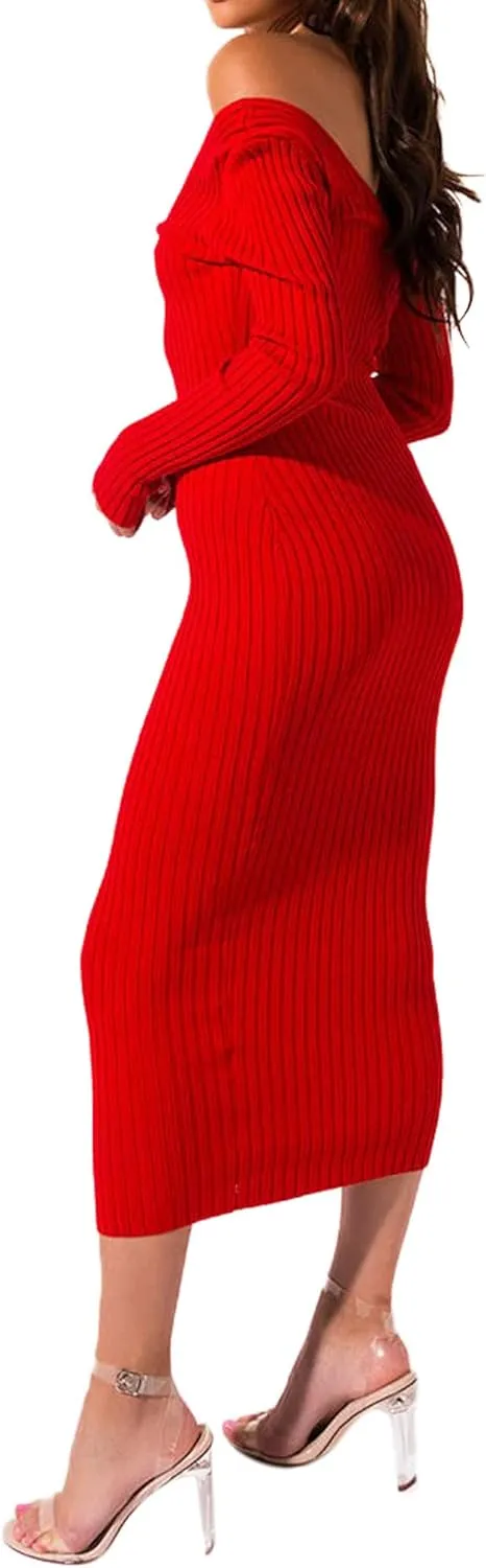 SheKiss Womens Off Shoulder Plus Size Work Business Sweater Dresses Long Sleeves Bodycon Cardigans Outfits
