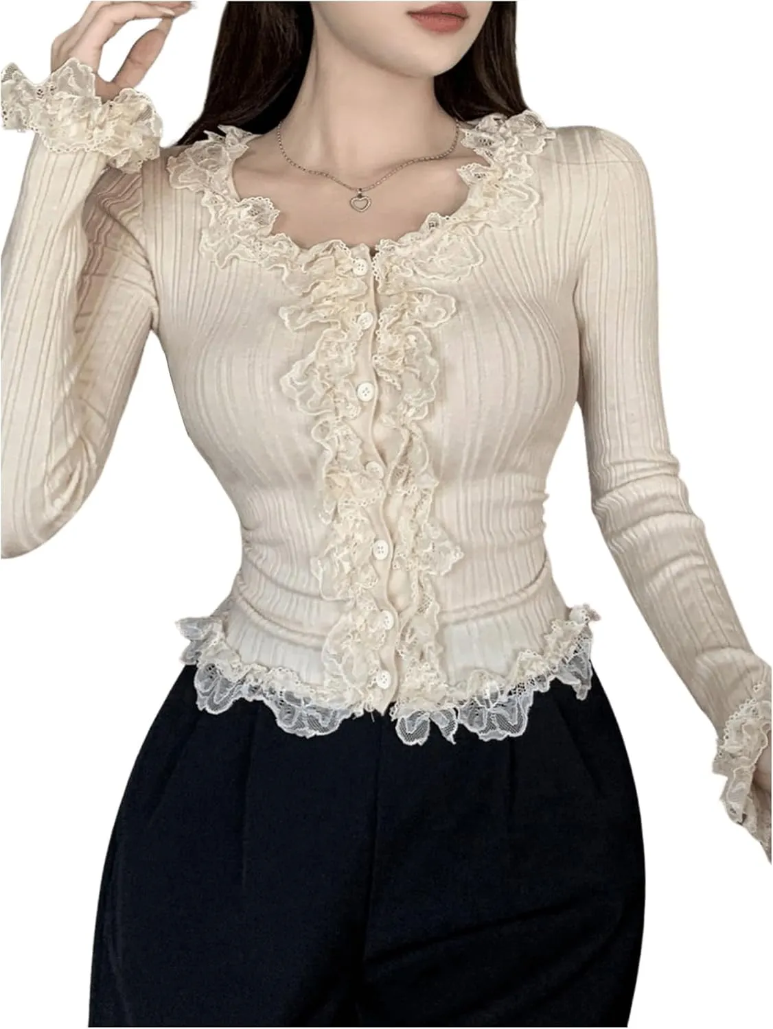 SHENHE Women's Lace Trim Button Up Ribbed Sweater Cardigan Crew Neck Cute Fitted Sweater