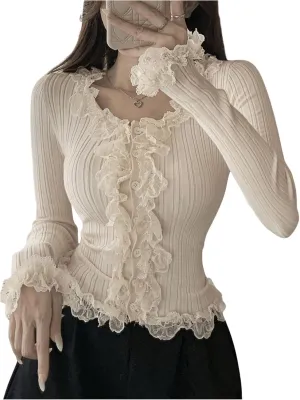 SHENHE Women's Lace Trim Button Up Ribbed Sweater Cardigan Crew Neck Cute Fitted Sweater