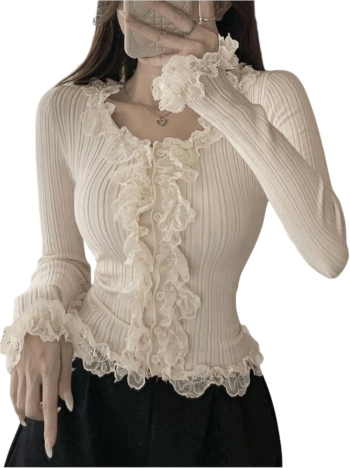 SHENHE Women's Lace Trim Button Up Ribbed Sweater Cardigan Crew Neck Cute Fitted Sweater