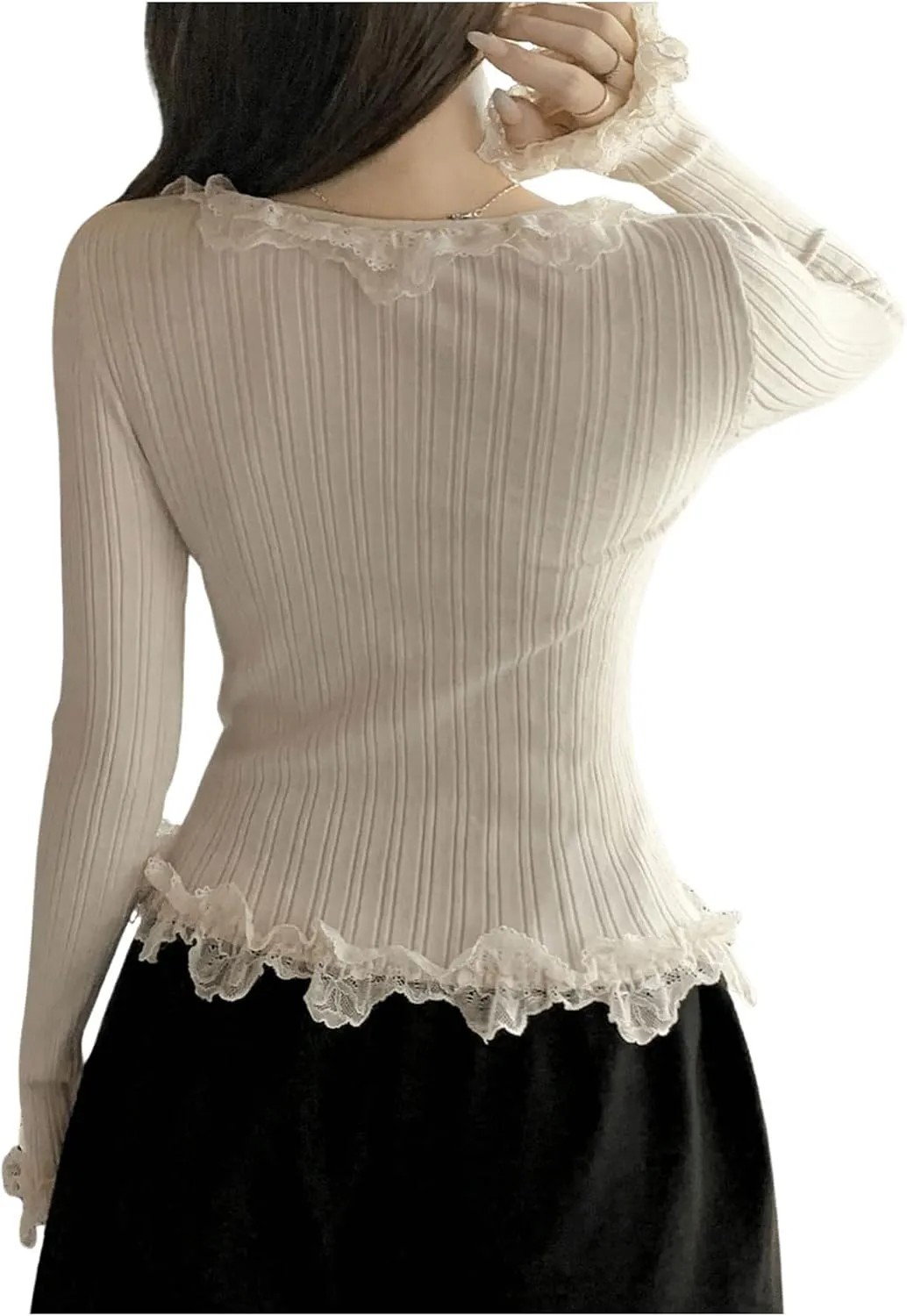 SHENHE Women's Lace Trim Button Up Ribbed Sweater Cardigan Crew Neck Cute Fitted Sweater