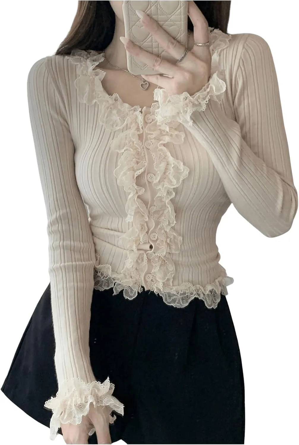 SHENHE Women's Lace Trim Button Up Ribbed Sweater Cardigan Crew Neck Cute Fitted Sweater