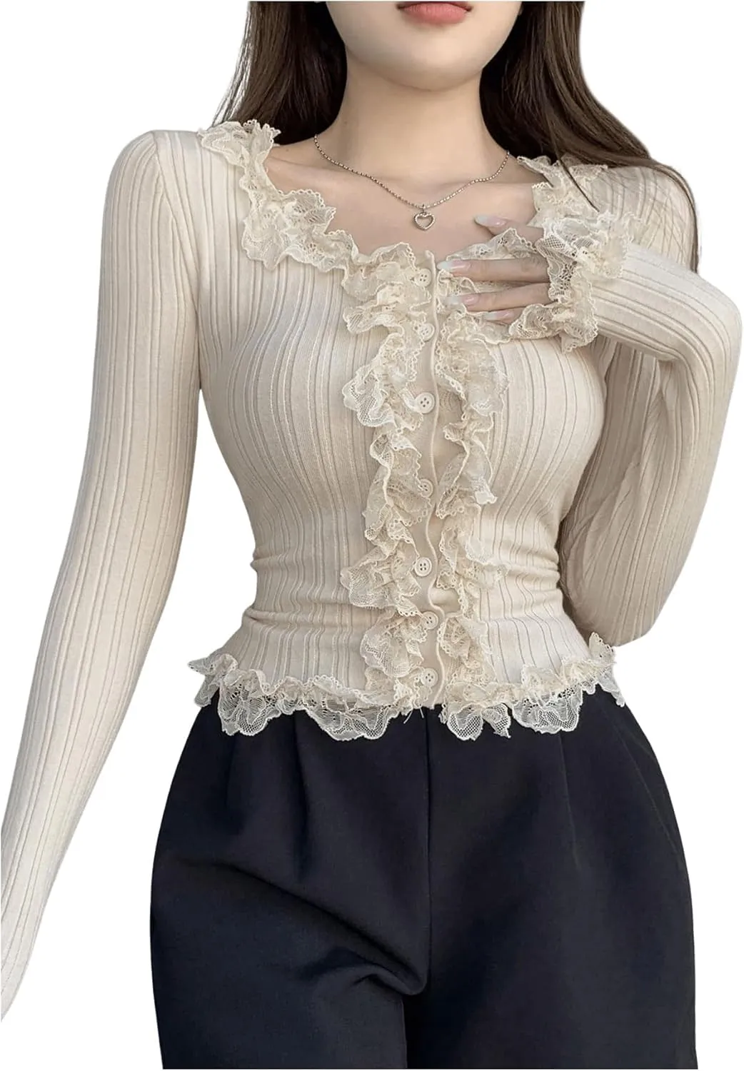 SHENHE Women's Lace Trim Button Up Ribbed Sweater Cardigan Crew Neck Cute Fitted Sweater