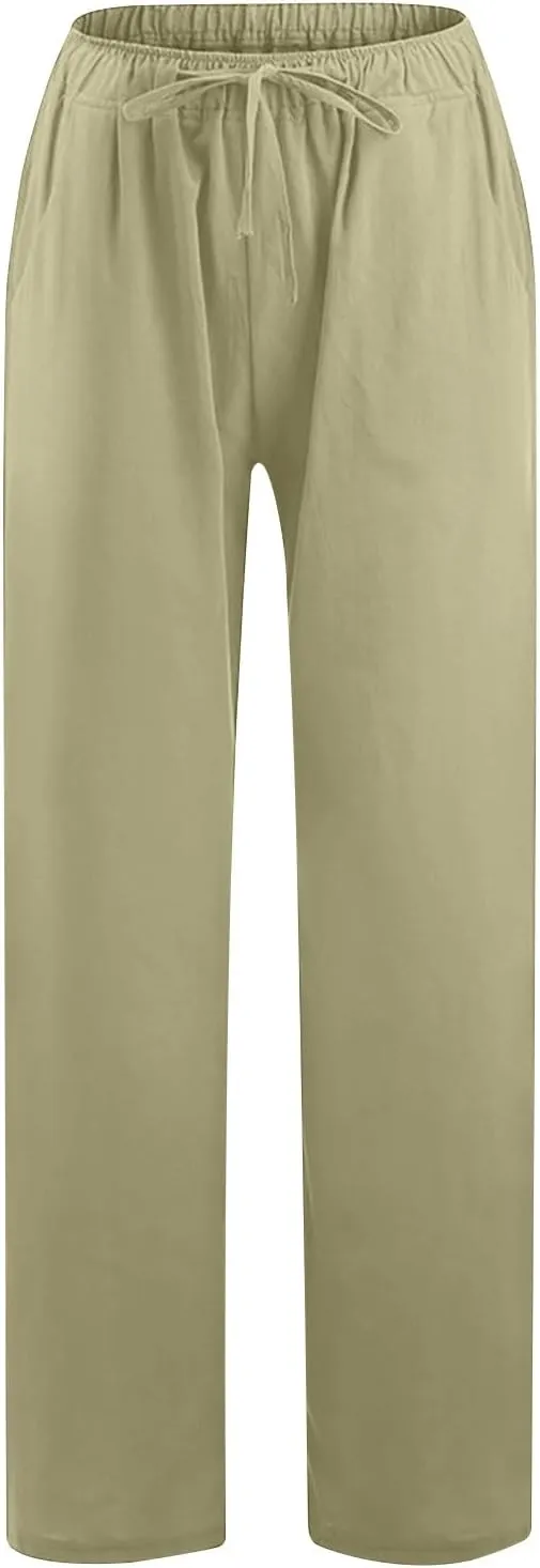 SHOPESSA Wide Leg Linen Pants for Women Soft Casual Drawstring Tie Elastic Waist Loose Pants Summer Beach Pockets Trousers