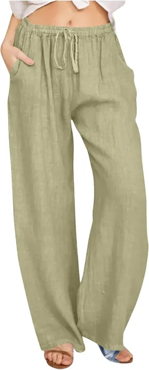 SHOPESSA Wide Leg Linen Pants for Women Soft Casual Drawstring Tie Elastic Waist Loose Pants Summer Beach Pockets Trousers