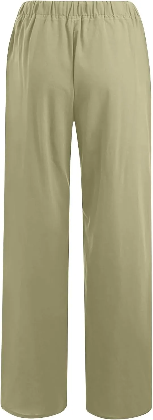 SHOPESSA Wide Leg Linen Pants for Women Soft Casual Drawstring Tie Elastic Waist Loose Pants Summer Beach Pockets Trousers