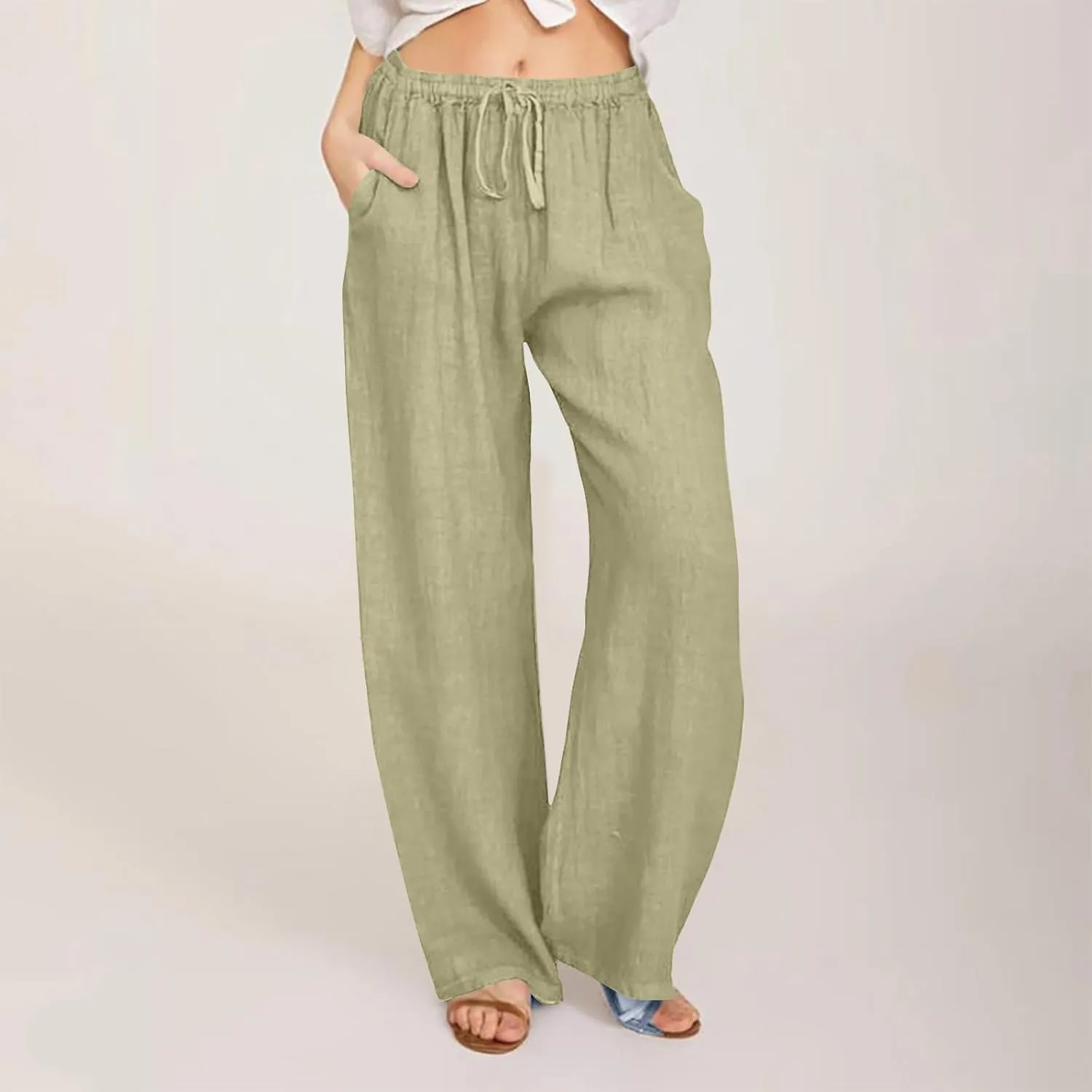 SHOPESSA Wide Leg Linen Pants for Women Soft Casual Drawstring Tie Elastic Waist Loose Pants Summer Beach Pockets Trousers