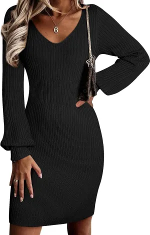 Sidefeel Womens 2024 Fall Winter Ribbed Knit Sweater Dress Casual Long Sleeve Sexy V Neck Bodycon Mini Dress
