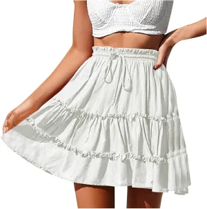 Skirts for Women 2024 Boho Summer A-Line Pleated Skirt Casual Elastic High Waist Tiered Ruffle Flowy Cute Mini Skirt