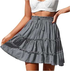 Skirts for Women 2024 Boho Summer A-Line Pleated Skirt Casual Elastic High Waist Tiered Ruffle Flowy Cute Mini Skirt