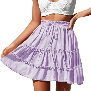 Skirts for Women 2024 Boho Summer A-Line Pleated Skirt Casual Elastic High Waist Tiered Ruffle Flowy Cute Mini Skirt