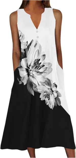 Sleeveless Maxi Dress for Women Summer Casual Crewneck Beach Sundress Flowy Button V Neck Aline Dress Vacation Outfits
