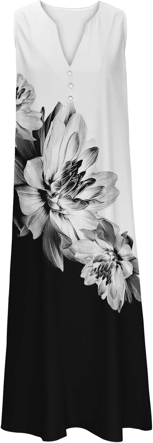 Sleeveless Maxi Dress for Women Summer Casual Crewneck Beach Sundress Flowy Button V Neck Aline Dress Vacation Outfits