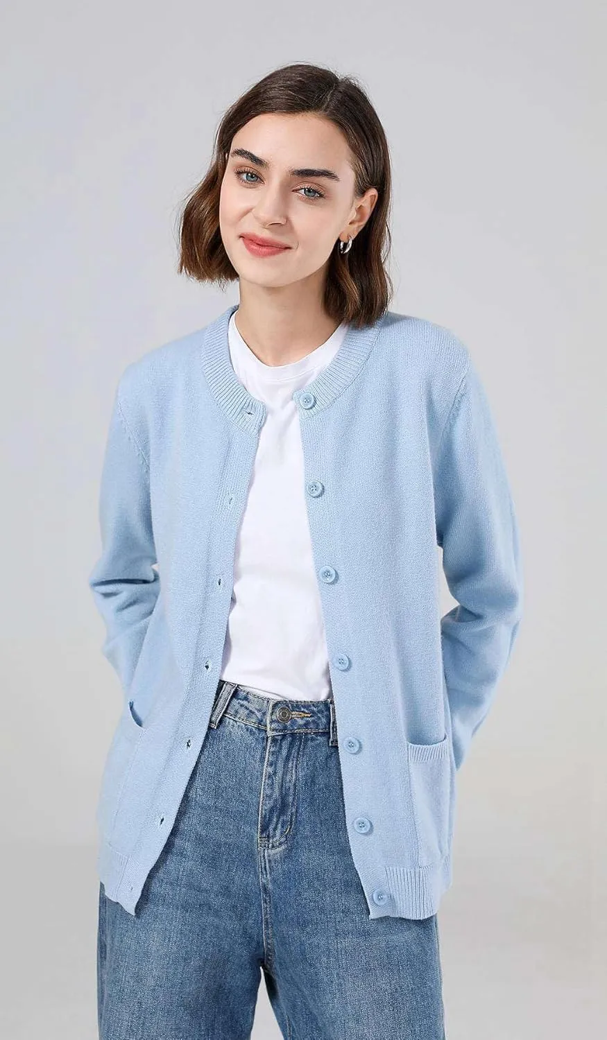 SMILING PINKER Women Cardigan Sweater Button Down Crew Neck Ribbed Knit Sweater with Pockets