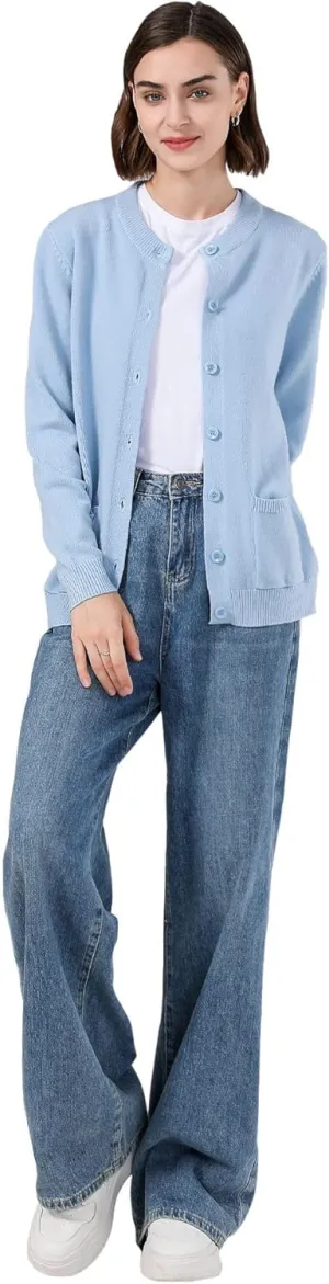 SMILING PINKER Women Cardigan Sweater Button Down Crew Neck Ribbed Knit Sweater with Pockets
