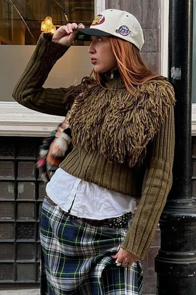 Solid Fringe Zipper Long Sleeve Sweater