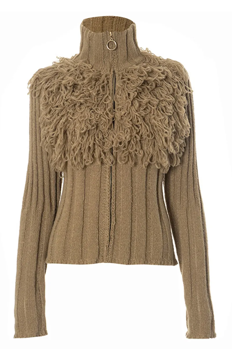 Solid Fringe Zipper Long Sleeve Sweater