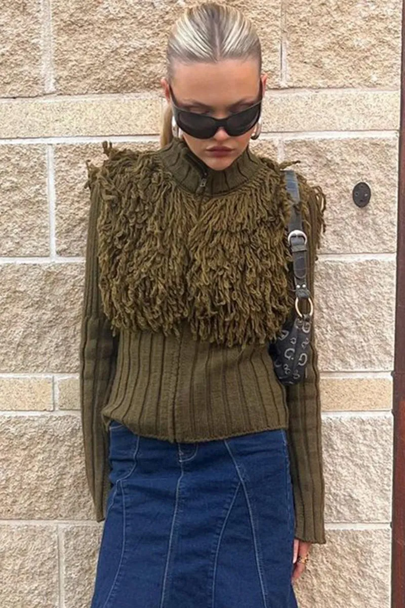 Solid Fringe Zipper Long Sleeve Sweater