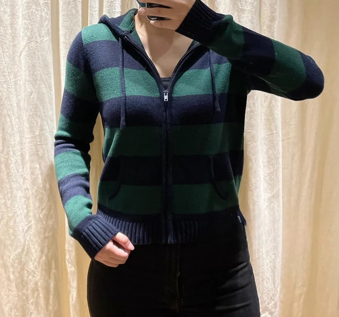 Striped Cropped Zip Up Hoodie Y2k Knit Sweater Cardigan Women Teen Knit Jackets Preppy Grunge Emo Streetwear