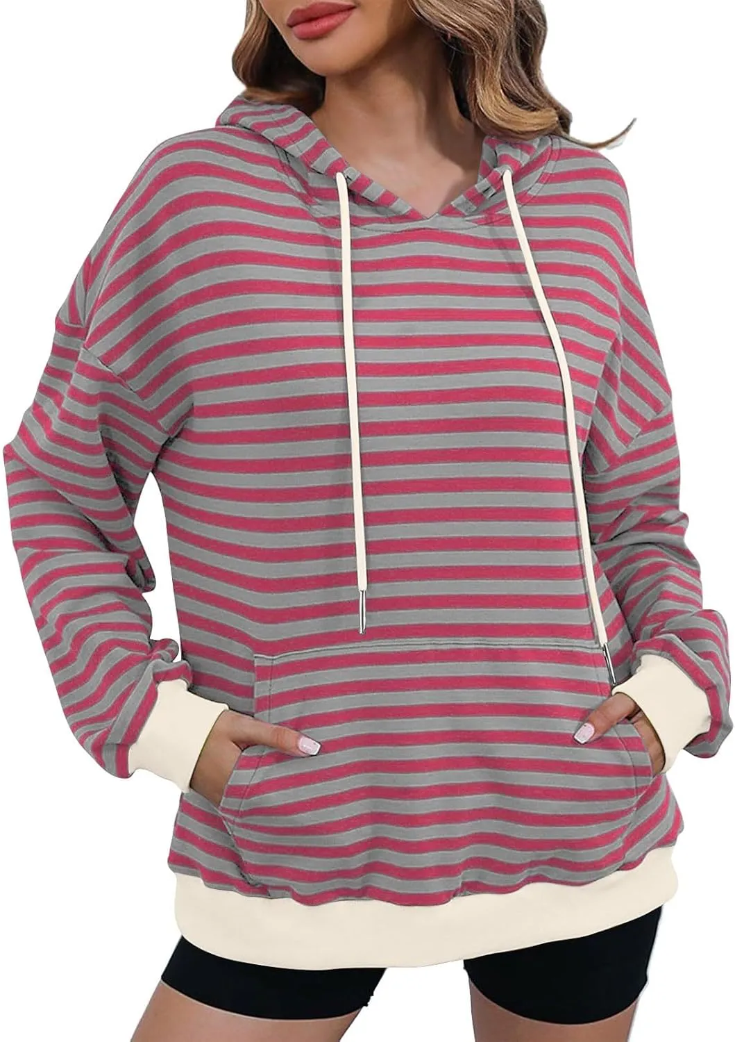 Striped Sweatshirt for Women Long Sleeve Hooded Sweatshirt Oversized Sweatshirt with Drawstring Fashion Hoodie