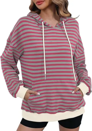 Striped Sweatshirt for Women Long Sleeve Hooded Sweatshirt Oversized Sweatshirt with Drawstring Fashion Hoodie