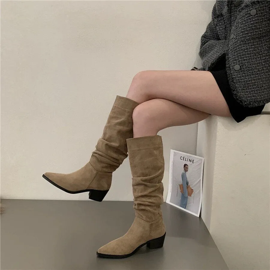 Stylish Suede Knee-High Boots for Women, Black Slouch Low Heel Boots, Kahki Point Toe Slouchy Suede Heel Boots, Size 35 36 37 38 39 40