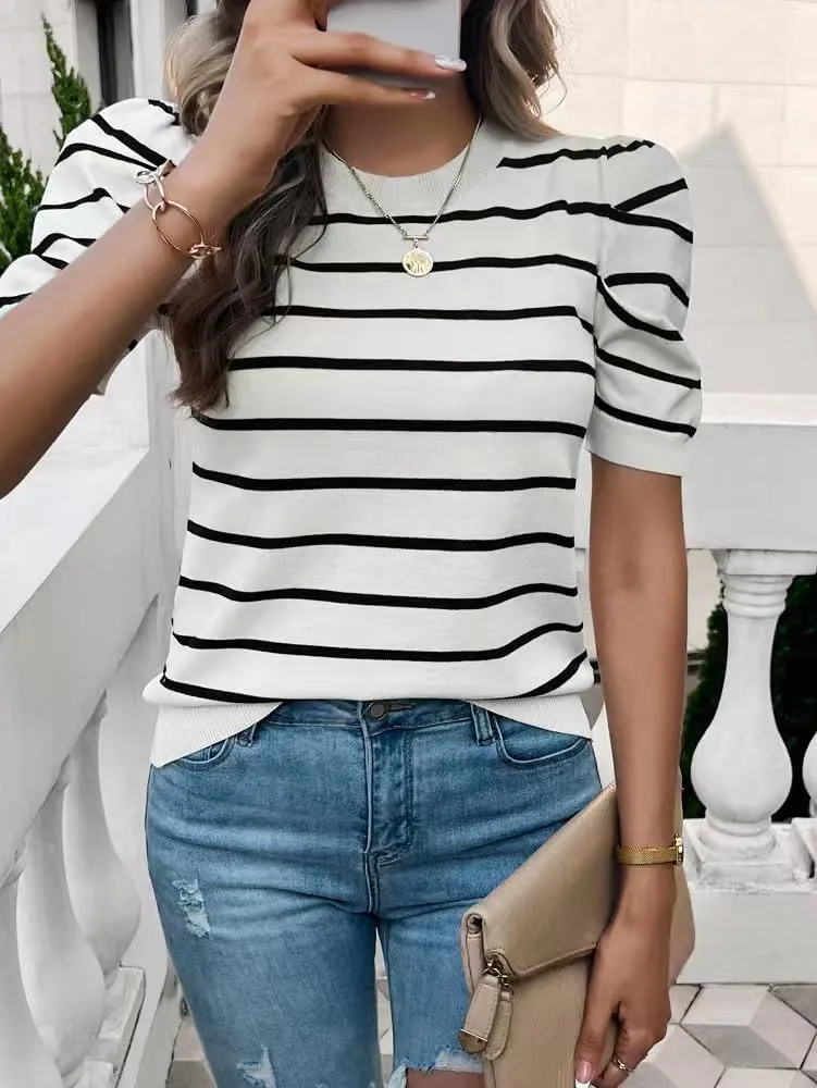 Sumleno Womens Puff Short Sleeve Sweaters Trendy Striped Pattern Short Sleeve Crew Neck Tops Soft Casual Work Knit Pullover