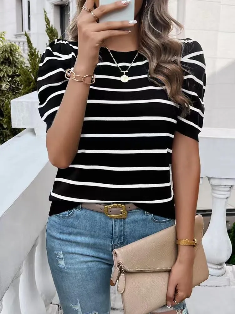 Sumleno Womens Puff Short Sleeve Sweaters Trendy Striped Pattern Short Sleeve Crew Neck Tops Soft Casual Work Knit Pullover