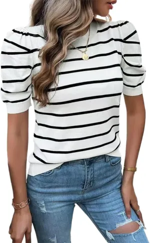 Sumleno Womens Puff Short Sleeve Sweaters Trendy Striped Pattern Short Sleeve Crew Neck Tops Soft Casual Work Knit Pullover