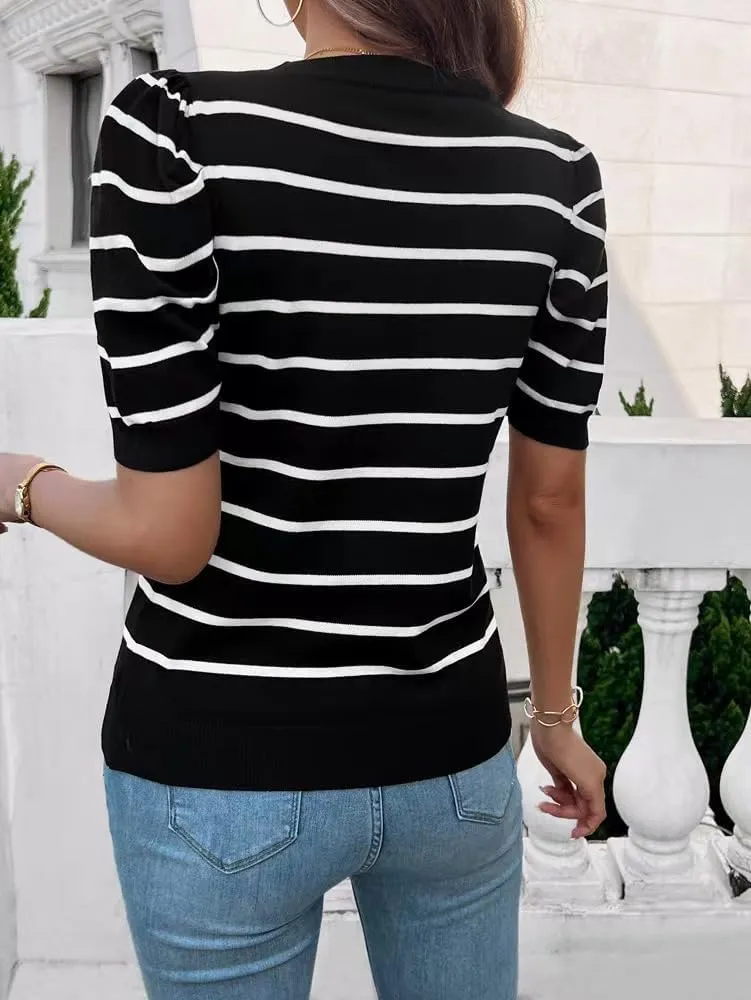Sumleno Womens Puff Short Sleeve Sweaters Trendy Striped Pattern Short Sleeve Crew Neck Tops Soft Casual Work Knit Pullover