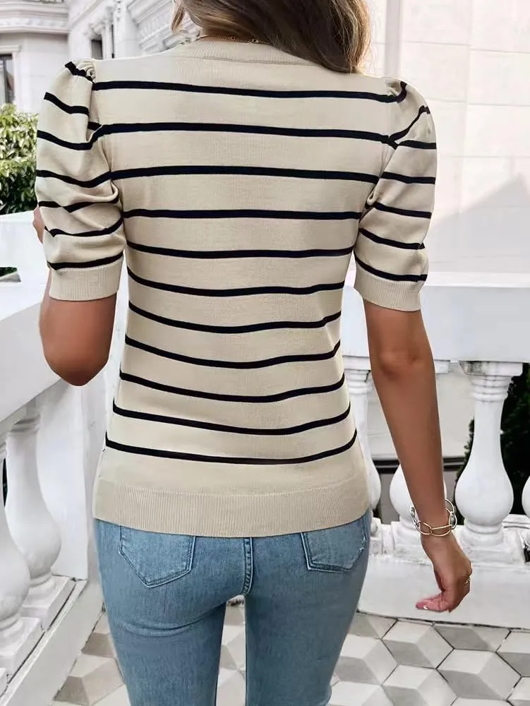 Sumleno Womens Puff Short Sleeve Sweaters Trendy Striped Pattern Short Sleeve Crew Neck Tops Soft Casual Work Knit Pullover