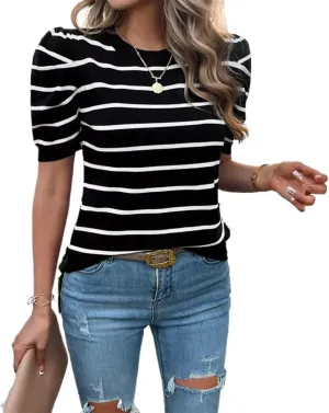 Sumleno Womens Puff Short Sleeve Sweaters Trendy Striped Pattern Short Sleeve Crew Neck Tops Soft Casual Work Knit Pullover