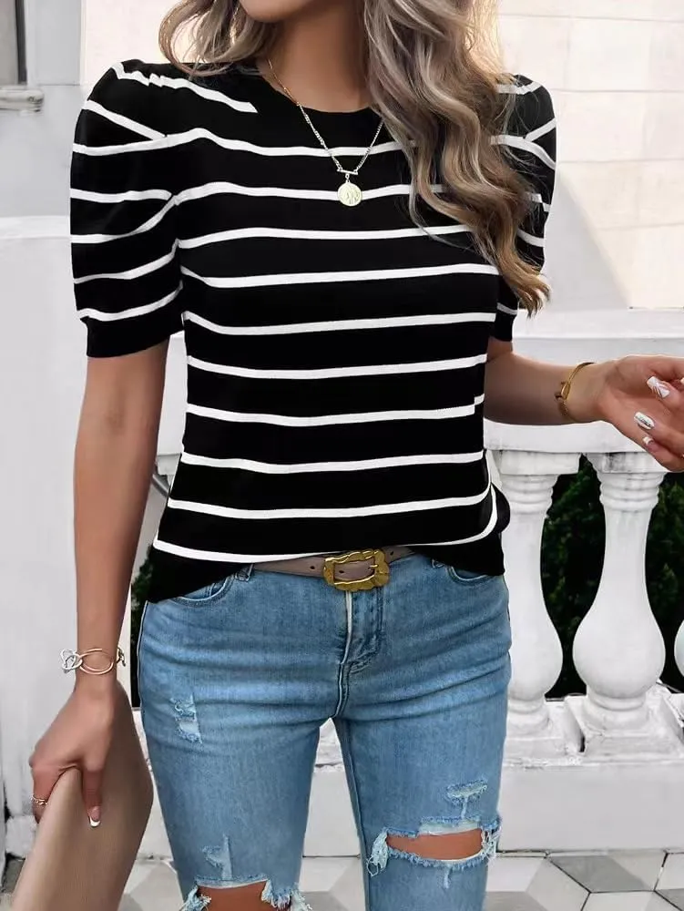 Sumleno Womens Puff Short Sleeve Sweaters Trendy Striped Pattern Short Sleeve Crew Neck Tops Soft Casual Work Knit Pullover