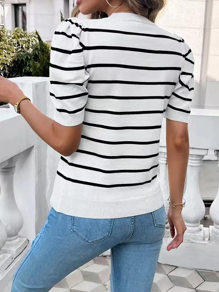 Sumleno Womens Puff Short Sleeve Sweaters Trendy Striped Pattern Short Sleeve Crew Neck Tops Soft Casual Work Knit Pullover