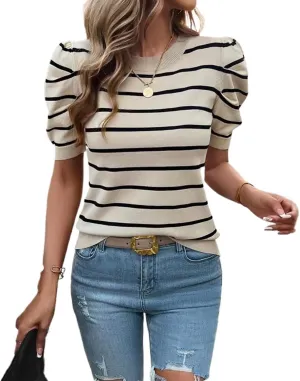 Sumleno Womens Puff Short Sleeve Sweaters Trendy Striped Pattern Short Sleeve Crew Neck Tops Soft Casual Work Knit Pullover