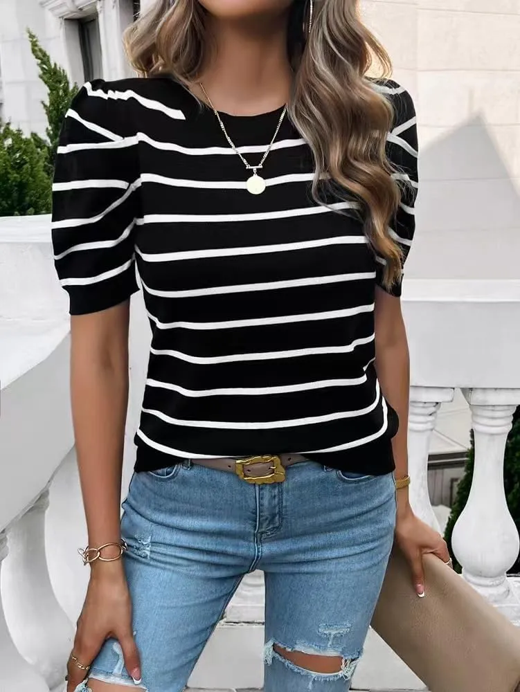 Sumleno Womens Puff Short Sleeve Sweaters Trendy Striped Pattern Short Sleeve Crew Neck Tops Soft Casual Work Knit Pullover