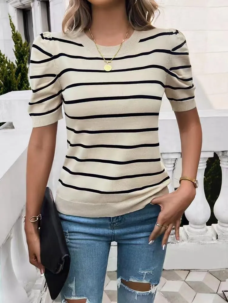 Sumleno Womens Puff Short Sleeve Sweaters Trendy Striped Pattern Short Sleeve Crew Neck Tops Soft Casual Work Knit Pullover