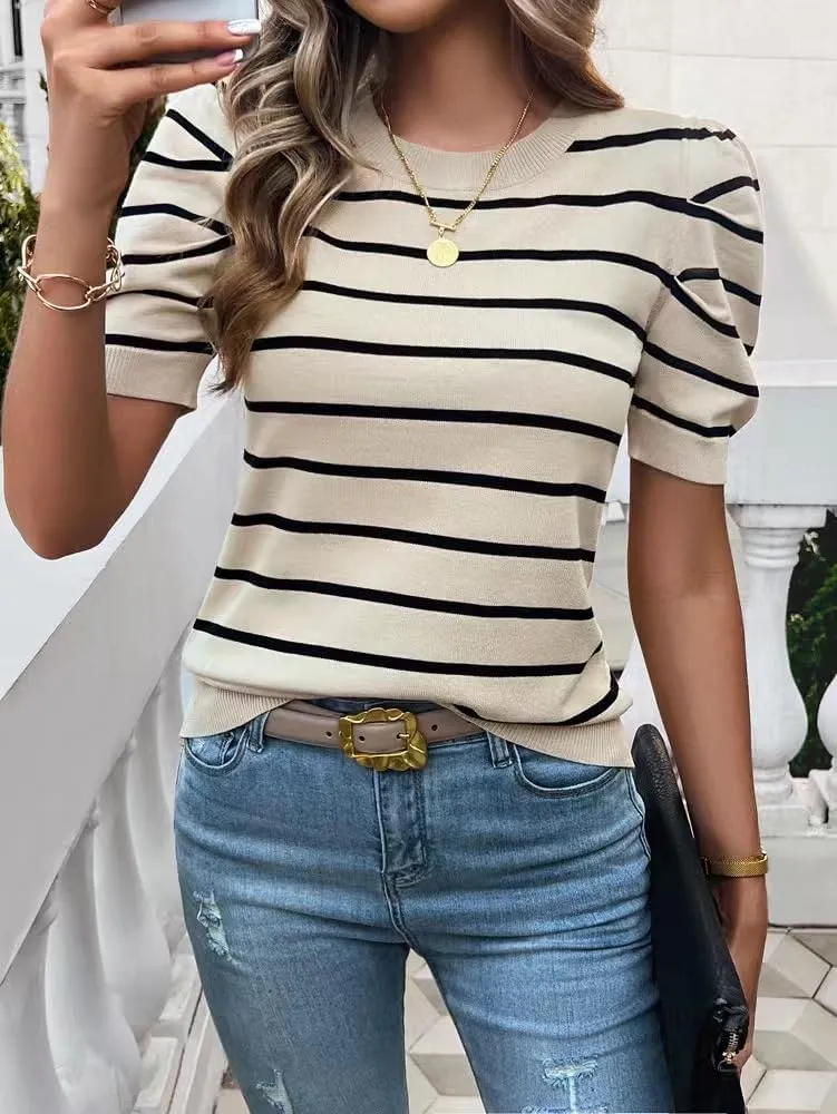 Sumleno Womens Puff Short Sleeve Sweaters Trendy Striped Pattern Short Sleeve Crew Neck Tops Soft Casual Work Knit Pullover