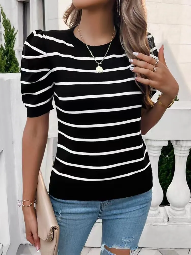 Sumleno Womens Puff Short Sleeve Sweaters Trendy Striped Pattern Short Sleeve Crew Neck Tops Soft Casual Work Knit Pullover