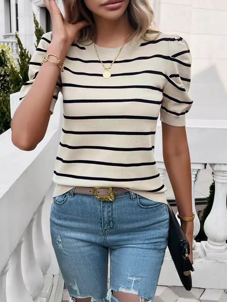 Sumleno Womens Puff Short Sleeve Sweaters Trendy Striped Pattern Short Sleeve Crew Neck Tops Soft Casual Work Knit Pullover