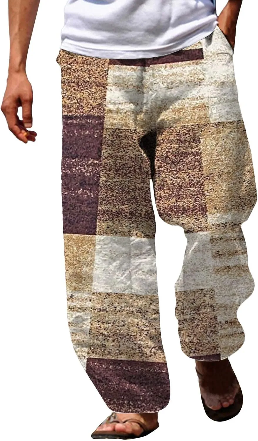 Summer Baggy Boho Pants for Men Hippie Casual Wide Leg Harem Pants Elastic Waist Contrast Beach Yoga Hawaiian Pant