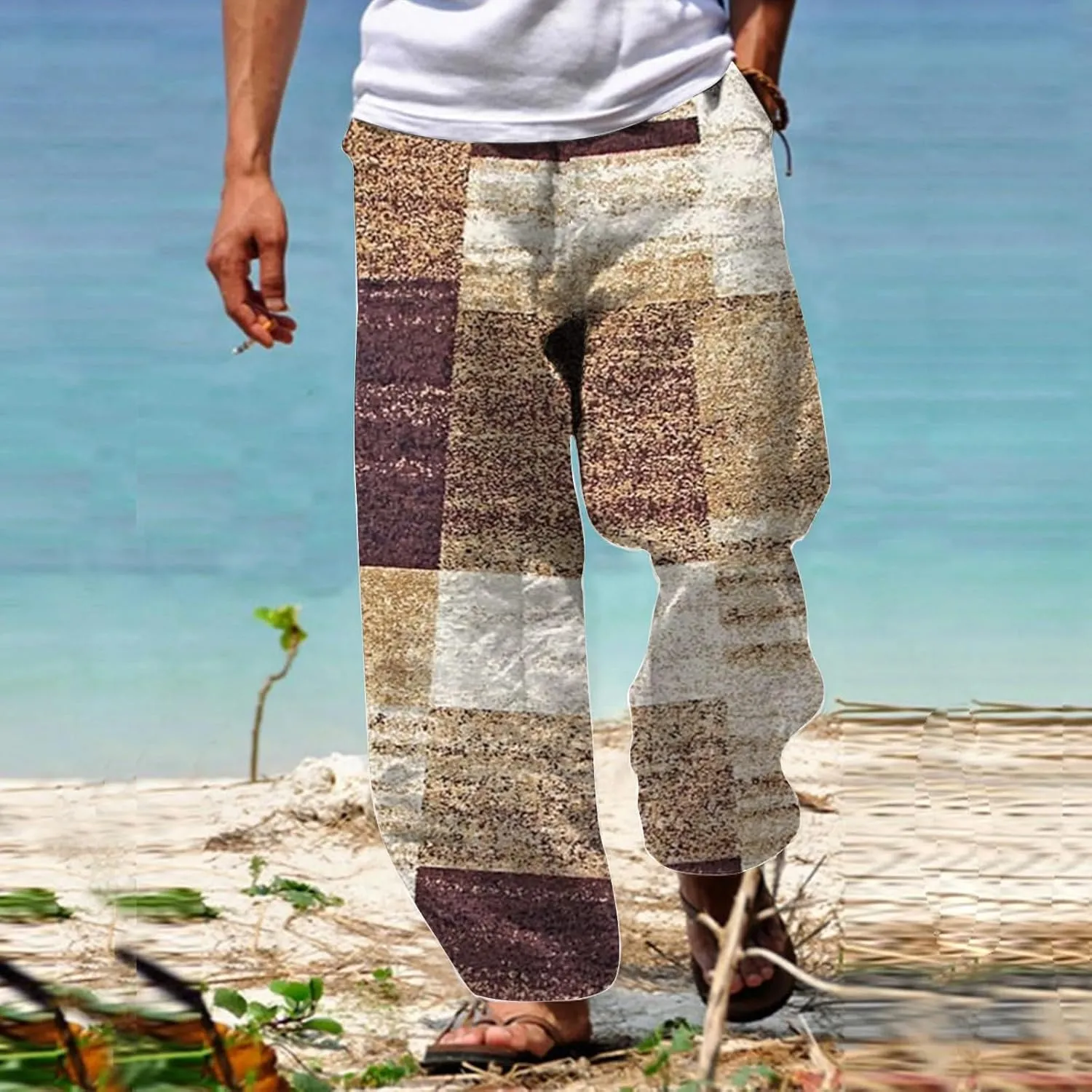 Summer Baggy Boho Pants for Men Hippie Casual Wide Leg Harem Pants Elastic Waist Contrast Beach Yoga Hawaiian Pant