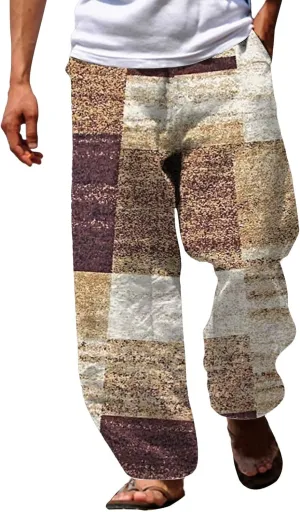 Summer Baggy Boho Pants for Men Hippie Casual Wide Leg Harem Pants Elastic Waist Contrast Beach Yoga Hawaiian Pant