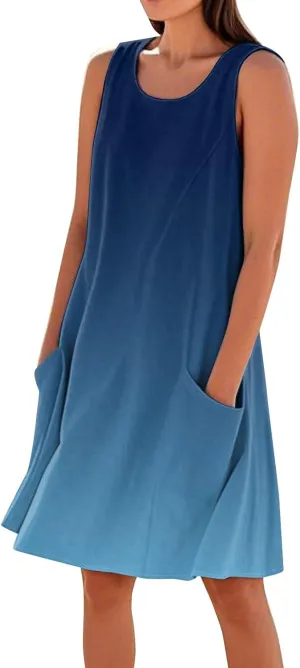 Summer Beach Dresses for Women 2025 Vacation Casual Sleeveless Floral/Solid Color/Gradient Print Sundress with Pockets