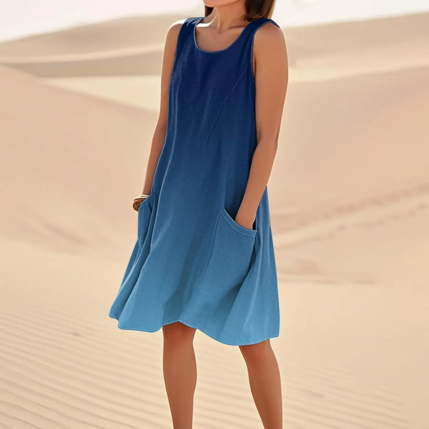 Summer Beach Dresses for Women 2025 Vacation Casual Sleeveless Floral/Solid Color/Gradient Print Sundress with Pockets