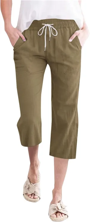 Summer Capri Pants for Women Cotton Linen Straight Leg Cropped Trousers High Waist Shorts Casual Pant with Pockets